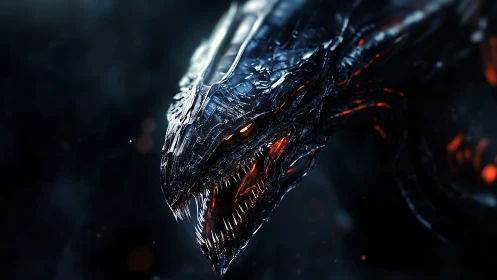 Metallic dragon head glows with molten orange light