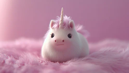 Plush unicorn character rendered on soft pink fur surface