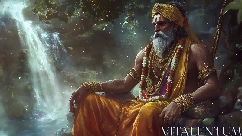 Serene bearded sage in orange robes beside forest waterfall.