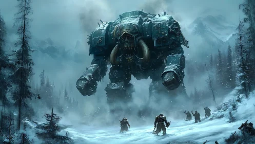 Colossal war mech advances through glacial conifer forest
