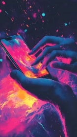 Glowing hands interact with vivid neon smartphone screen.