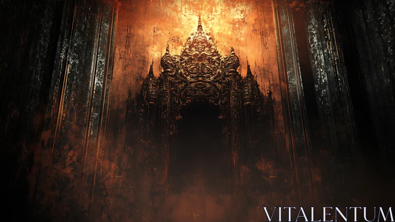 Incandescent gothic portal within corroded vertical chamber.