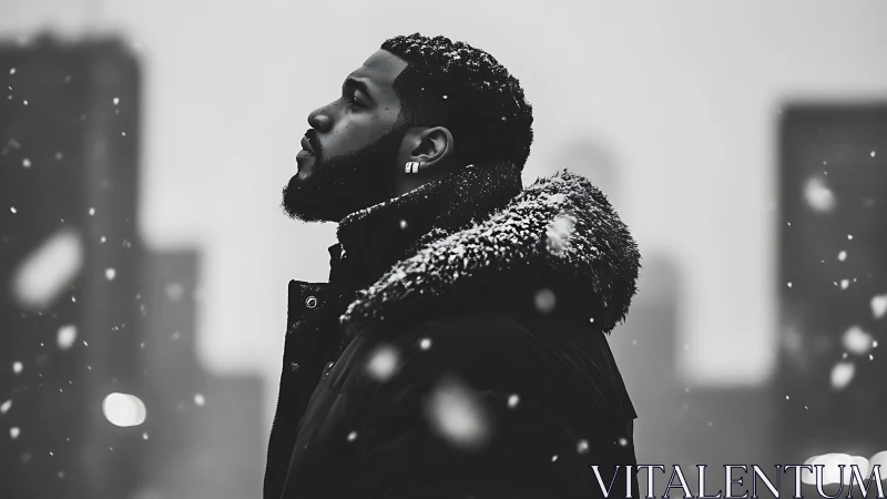 Side profile portrait of man in snowfall, urban background.