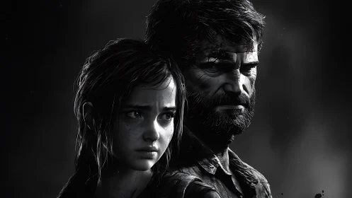 Monochrome close-up portrait of two distressed characters in chiaroscuro