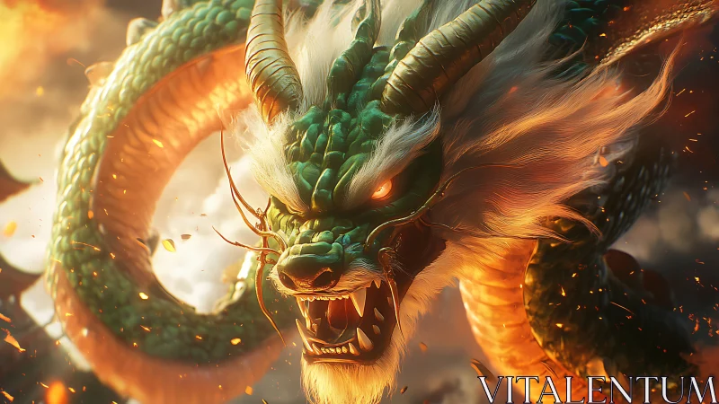 Digital rendering depicts coiling horned dragon in fiery scene