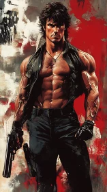 Battle-hardened hero stands against gritty red backdrop