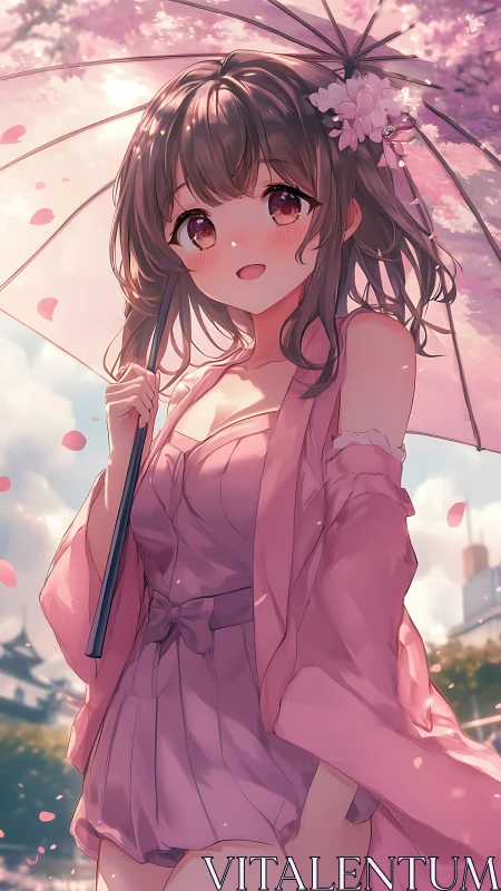 Anime portrait of girl under cherry blossoms with parasol.
