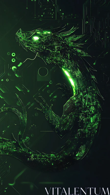 Neon circuit dragon formed from glowing digital lines.