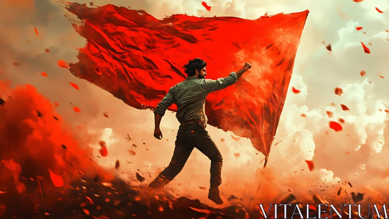 Dynamic digital painting of a lone hero with blazing banner.