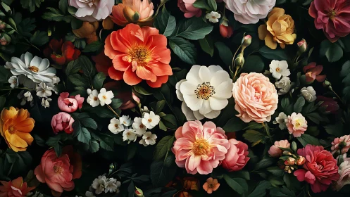 Botanical Abundance: Vintage Garden Flourish Against Darkness.