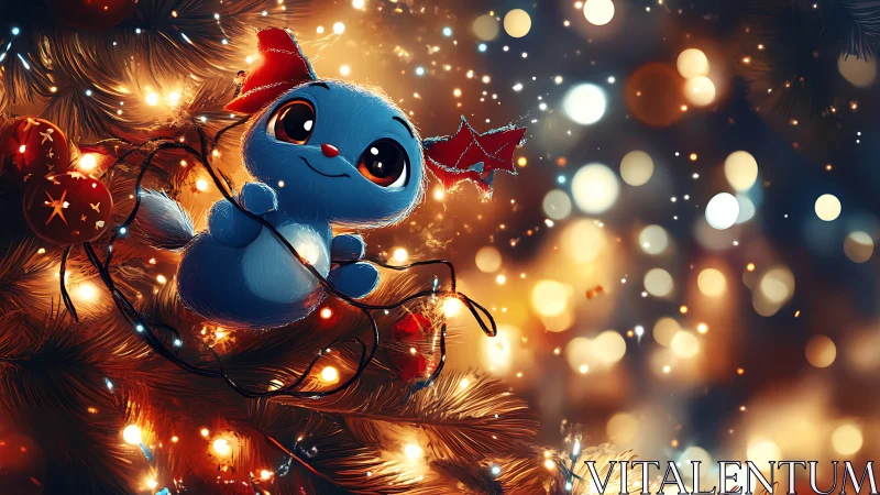 Blue holiday critter snuggled in glowing festive lights.