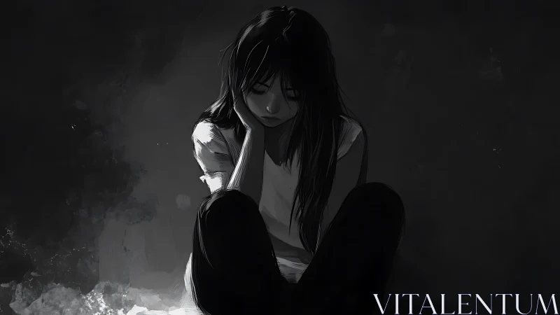 Monochrome digital painting of pensive seated girl in shadow.