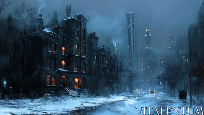 Snow-covered city street shows lit brownstone against skyline