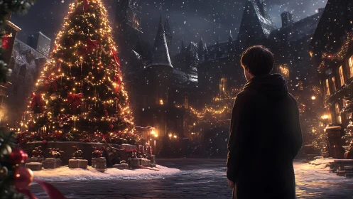 Snowy town square with lit Christmas tree at night.