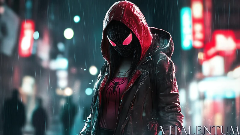 Hooded spider-hero in neon city street at night.