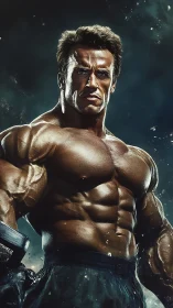 Stormlit bodybuilder poised in heroic, thunderous focus.