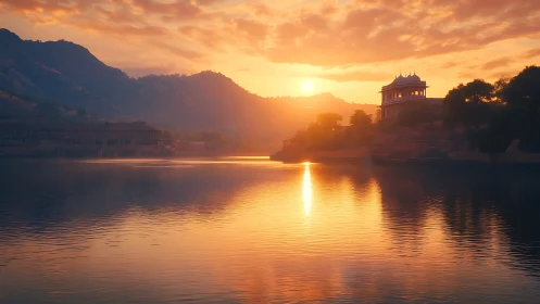 Sunrise illuminates lakeside pavilion, casting elongated specular reflection