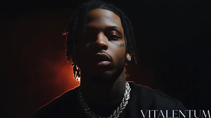 Studio portrait shows man with chains under low key lighting