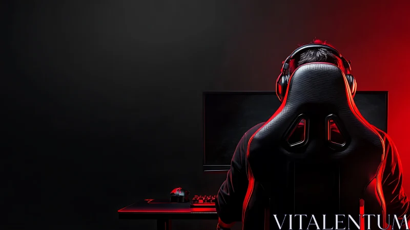 Person uses desktop gaming setup in low key red lighting
