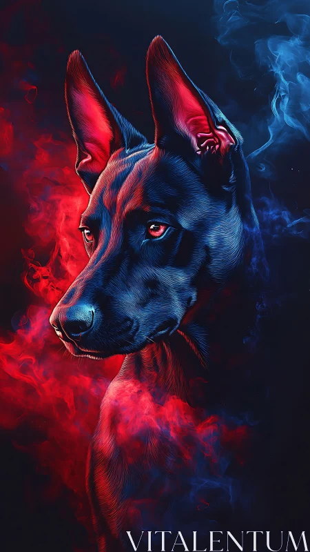 Cybercanine portrait in dual red blue neon smoke lighting.