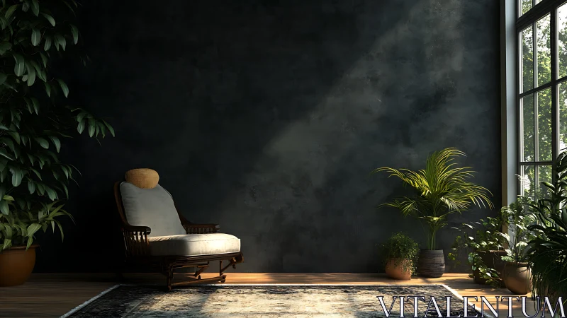Sunlit reading alcove with indoor foliage and textured wall.