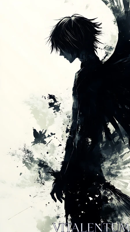 Shadow-splashed fallen angel drifting through inked dusk.