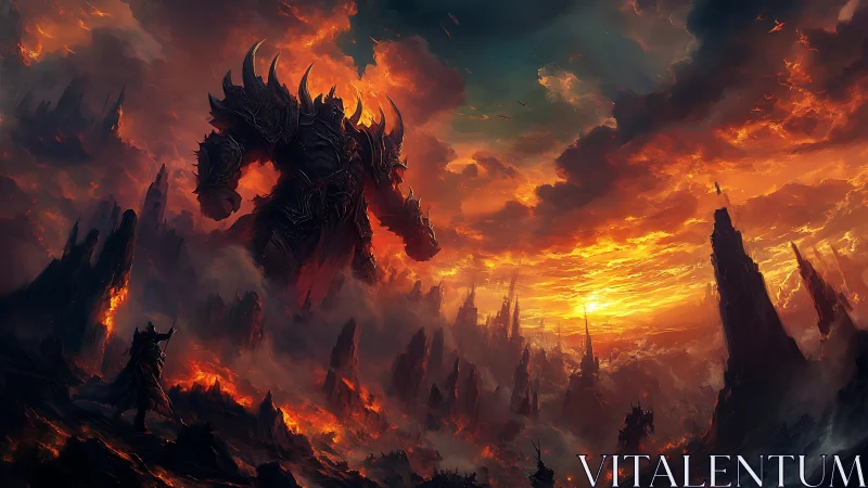 Colossal infernal warlord dominates molten wasteland horizon.