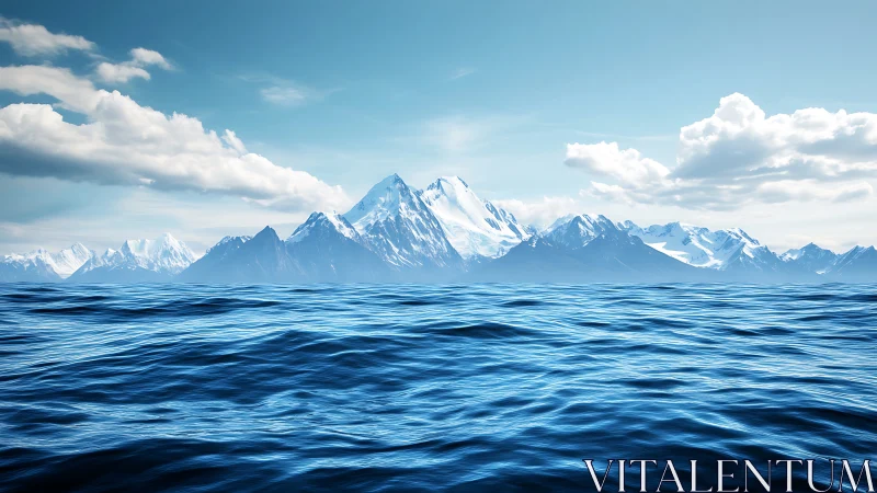 Serene blue ocean meeting distant snowy mountain peaks.