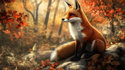 Red fox sitting on forest rock in soft autumn light.