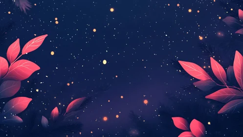 Night sky backdrop with stylized red foliage border.