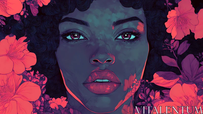 Neon-lit portrait with floral frame and cyan-magenta contrast.