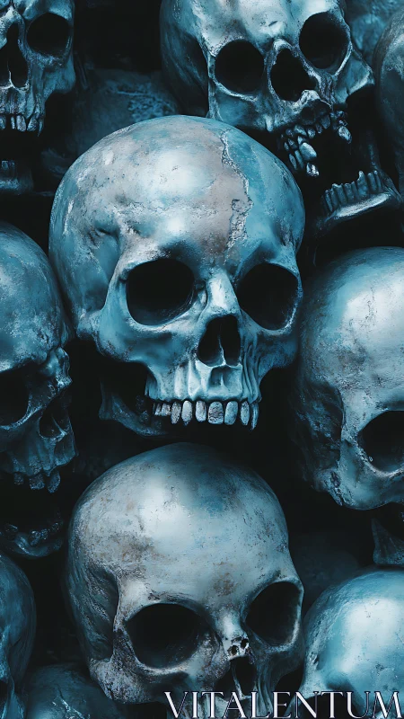 Moody blue skulls gathered in a haunting, thoughtful cluster.