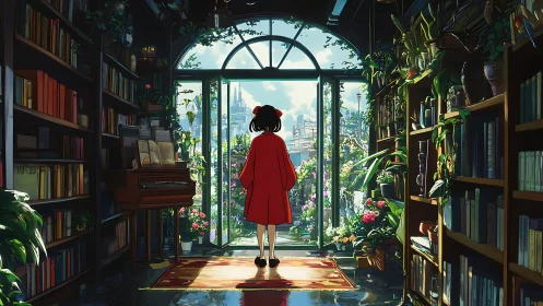 Girl in red coat stepping from cozy library into sunlight.