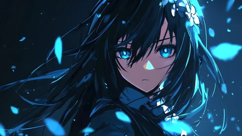 Midnight blue-haired girl with glowing eyes in soft motion.