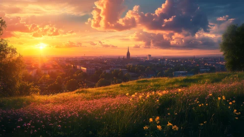 Sunset over distant city from wildflower hillside view.