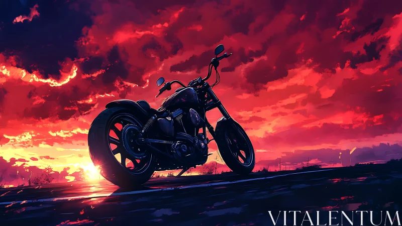 Roaring motorcycle rests beneath a blazing sunset sky