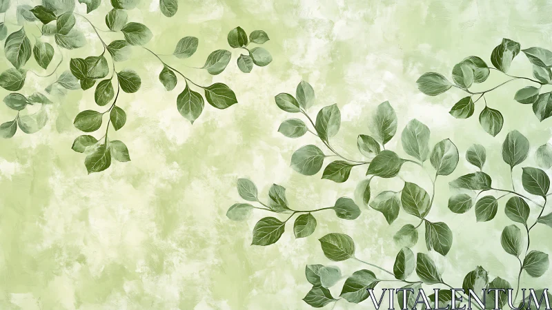 Green leafy branches over soft textured pastel background.