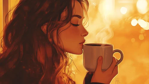 Golden hour muse sipping quiet comfort from steaming mug.