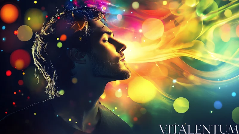 Profile portrait captures man exhaling vivid multicolored light