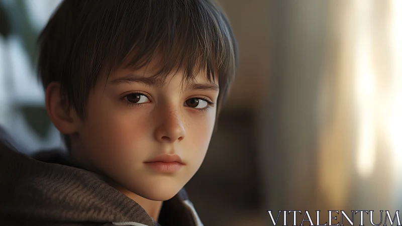 Young Boy Portrait with Contemplative Expression and Warm Backlighting