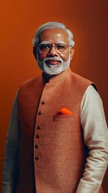 Digital portrait of elder man in orange Nehru waistcoat