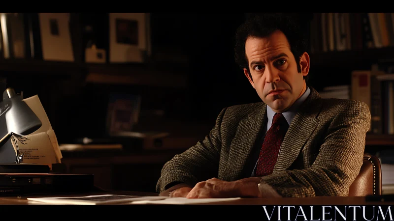 Middle aged man seated at desk in dim office interior.