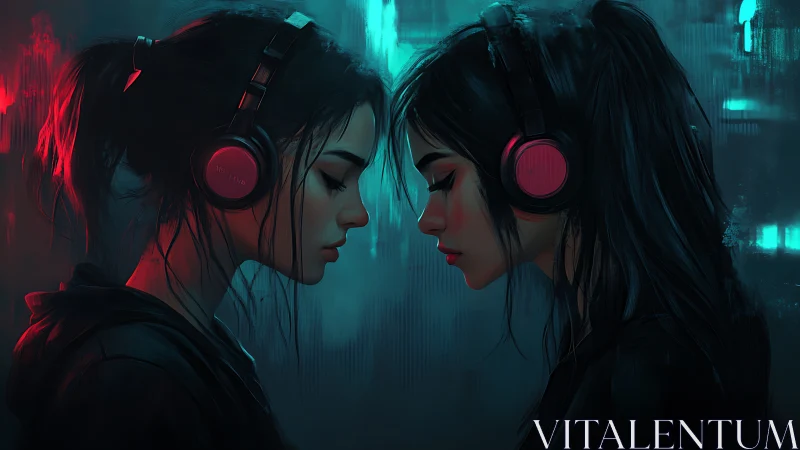 Reflective digital portrait of twin girls in headphones.