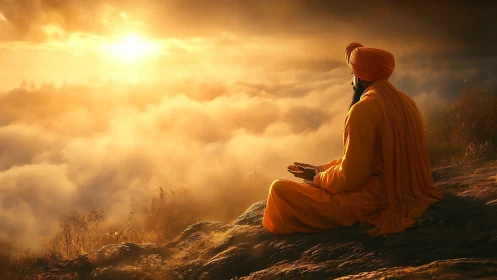 Backlit Sikh ascetic studies cloud inversion under warm sunrise