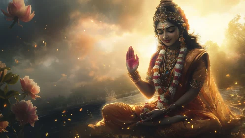 Divine goddess in golden meditation by a glowing riverside.