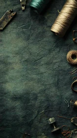 Tailor&rsquo;s tools rest on textured teal fabric workspace