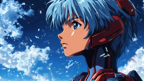 Blue‑haired pilot gazes skyward in luminous anime scene.