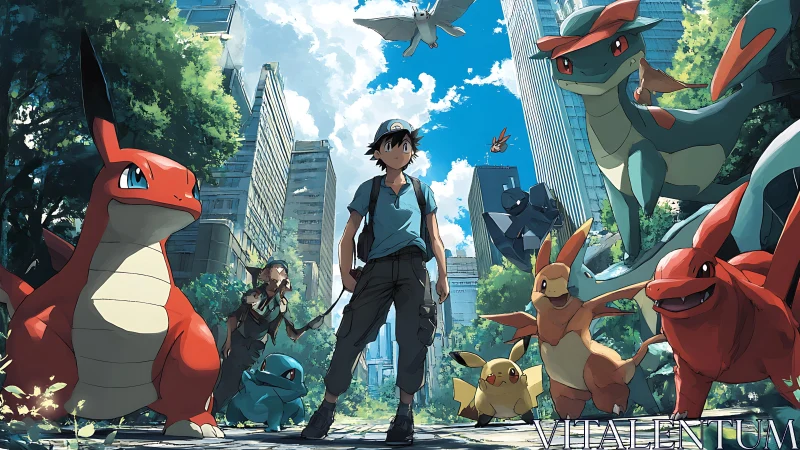 Trainer stands among powerful creatures in overgrown city street