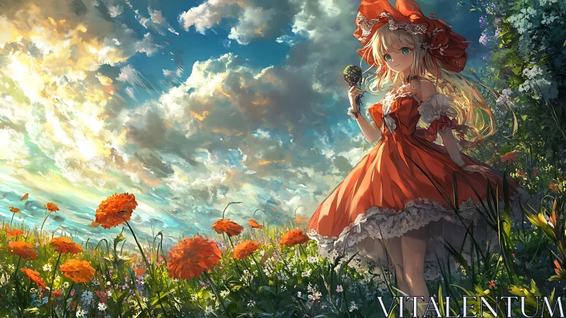 Girl in orange dress stands in flower field under dynamic sky