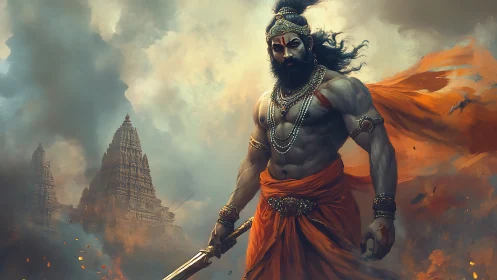 Warrior deity strides before burning temple ruins